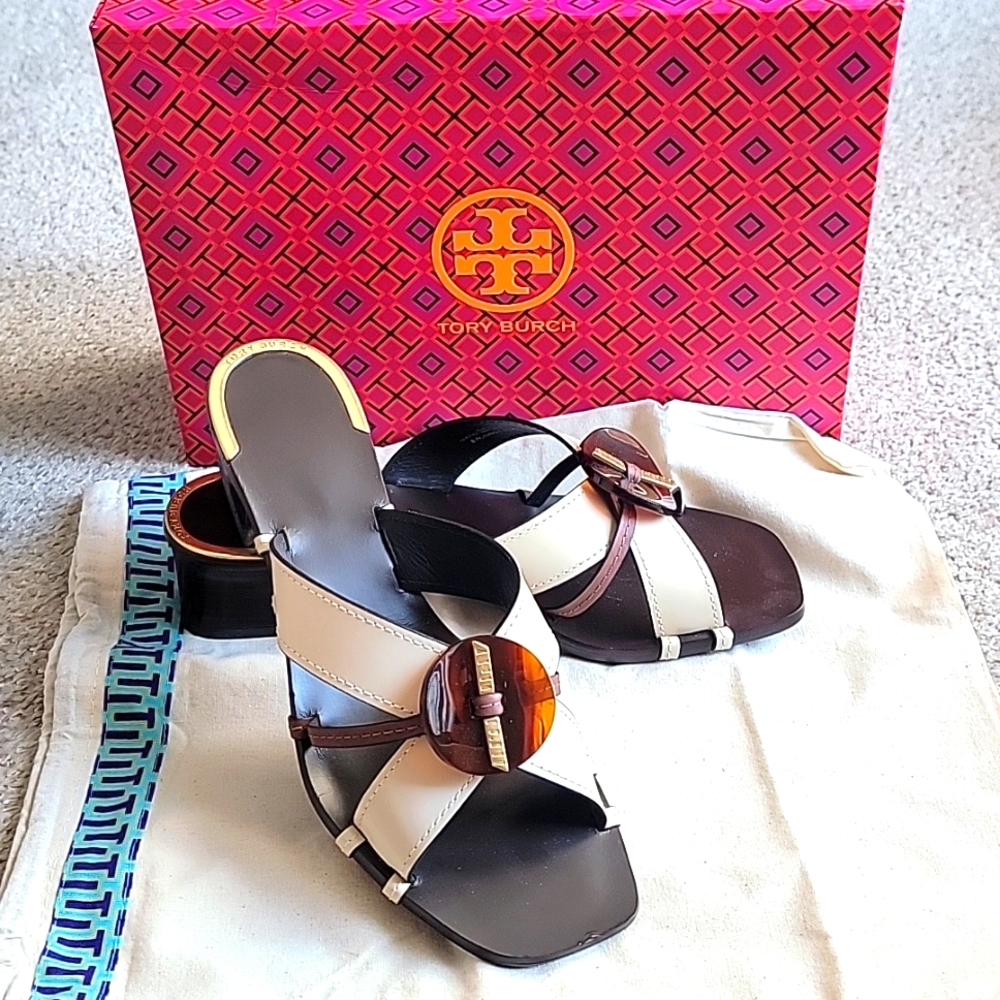New Tory Burch Artisana Knot Heeled Mule Sandal 45mm Cream Sz US 9
